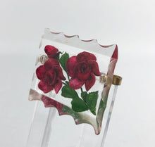 Load image into Gallery viewer, Original 1940s 1950s Reverse Carved Lucite Brooch with Scalloped Edge and Bright Pink Roses