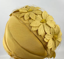 Load image into Gallery viewer, Original 1950’s Half Hat in Yellow Ochre Grosgrain - Pretty Net and Flower Trim - Perfect for Autumn *