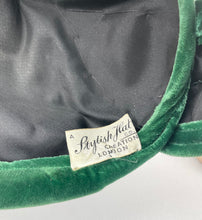 Load image into Gallery viewer, Original 1950's Rich Green Cotton Velvet Hat with Leaf Detail and Sequin Trim