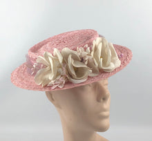 Load image into Gallery viewer, 1940s Pink Straw Hat with Floral Trim and Net