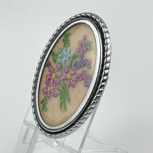 Load image into Gallery viewer, Vintage Embroidered Floral Picture Brooch on Pink Silk
