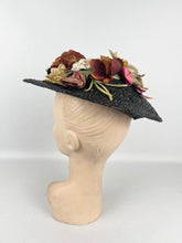 Load image into Gallery viewer, Original 1930's Black Straw Hat with Charming Faded Flora Flower Trim
