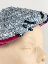 Load image into Gallery viewer, Original 1950s Ice Blue Straw Hat with Pink Velvet Trim and Blue Beading *