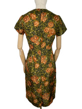 Load image into Gallery viewer, Original 1950's Fine Silk Dress in Green and Brown Autumnal Print - Stylish Piece - Bust 35 36