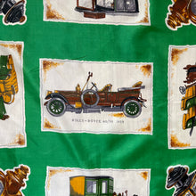 Load image into Gallery viewer, Vintage Rayon Motoring Themed Scarf in Emerald Green with Car Print - Great Turban or Headscarf