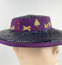 Load image into Gallery viewer, Original 1940's Indigo Blue Lacquered Straw Hat with Purple Trim and Applique Dogs
