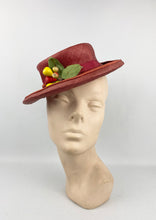 Load image into Gallery viewer, Original 1940s Rusty Red Summer Straw Hat with Fruit and Leaves Trim