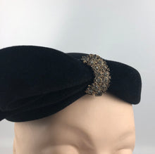 Load image into Gallery viewer, Late 1940s or Early 1950s Black Cocktail Hat with Paste Trim