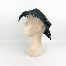 Load image into Gallery viewer, Original 1940's Black Straw Crochet Summer Hat with Open Crown
