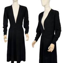 Load image into Gallery viewer, Original Late 1930's Inky Black Wool Dress with Zip Sleeves and Plunging Neckline by Dorothy's of Tulsa - Bust 40 42