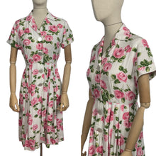 Load image into Gallery viewer, Original 1950's St Michael Marspun White Floppy Cotton Dress with Pink Rose Print Bust 36