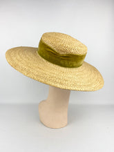 Load image into Gallery viewer, Original 1940s Wide Brimmed Straw Hat with Green Velvet Bow Trim