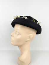 Load image into Gallery viewer, Original 1950s Black Straw Hat with White Floral Trim