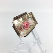 Load image into Gallery viewer, Original French 1950s Reverse Carved Lucite Brooch with Pink and White Roses in a Metal Frame