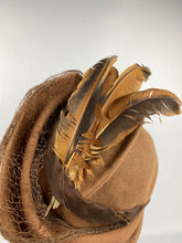 Load image into Gallery viewer, Original 1930s Brown Felt Hat with Net and Feather Trim