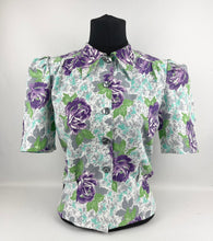 Load image into Gallery viewer, 1940's Reproduction Floral Print Blouse with Large Purple Roses and Grey Buttons Made From an Original 1940's Feed Sack - Bust 34"