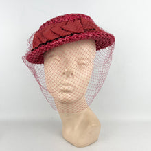 Load image into Gallery viewer, Original 1940's Stunning Pink Coarse Straw Hat with Grosgrain Trim and Face Veil