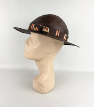 Load image into Gallery viewer, Original 1930s American Made Fine Brown Straw Summer Hat with Cream, Brown and Rust Grosgrain Trim *