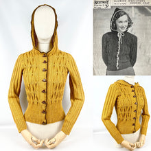 Load image into Gallery viewer, 1930's Reproduction Hand Knitted Long Sleeved Hooded Cardigan in Mustard Alpaca Wool With Novelty Hat Buttons - Bust 34 35