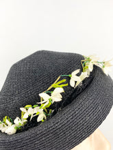 Load image into Gallery viewer, Original 1950s Black Straw Hat with White Floral Trim
