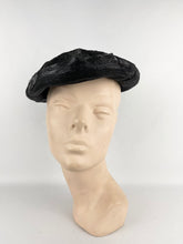 Load image into Gallery viewer, Original 1950's Shiny Black Straw Petal Hat with Grosgrain Bow Trim *