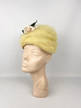 Load image into Gallery viewer, Original 1950's 1960's Yellow Net Hat with Rose Floral Trim - "A Jan Dec Hat"