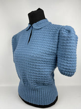 Load image into Gallery viewer, Reproduction 1940s Hand Knitted Jumper in Soft Blue with Smart Collar - Bust 38"