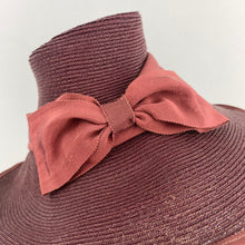 Load image into Gallery viewer, Original Late 1930s Burgundy Straw Hat with Large Grosgrain Bow Trim