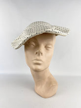 Load image into Gallery viewer, Original 1950s White and Black Straw Hat with Fabulously Shaped Crown and Bow Trim *