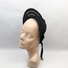 Load image into Gallery viewer, Original 1940's Black Straw Hat - Pretty Bonnet Shape Half Hat with Poppy Flower Trim - Patriotic