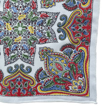 Load image into Gallery viewer, Original 1940's or 1950's Crepe Hankie in Red, Blue, Yellow and Green on a White Base - Great Gift Idea