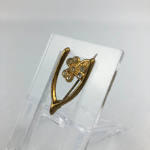 Load image into Gallery viewer, Vintage Lucky Wishbone and Clover Brooch in Gold Metal and Clear Paste