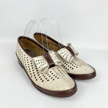 Load image into Gallery viewer, Original 1930's 1940's Brown Leather and Cream Suede Wedge Shoes With Large Bow Trim - UK 5.5 6
