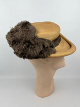 Load image into Gallery viewer, Original 1940s Natural Straw Hat with Warm Chocolate Brown Fringed Trim - AS IS