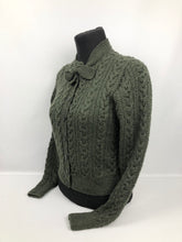 Load image into Gallery viewer, Reproduction 1930s Green Cable Knit Cardigan with Bow Neck Tie - B35 38