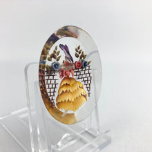 Load image into Gallery viewer, Original 1940s Oval Reverse Carved Lucite Brooch in Bold Shades with Crinoline Lady and Flowers *