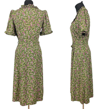 Load image into Gallery viewer, Utterly Exquisite Original 1930s Green Floral Belted Dress with Ruffle Trim and Shirring - Bust 34 35