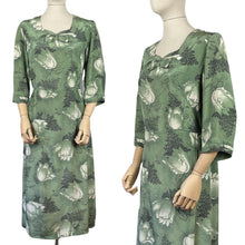 Load image into Gallery viewer, Original Volup 1930s Green Silk Crepe Dress with Black and White Bold Floral Print - Bust 40 42