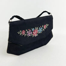 Load image into Gallery viewer, Original 1940's or 1950's Black Fabric Bag with Embroidered Roses and Flowers