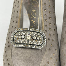 Load image into Gallery viewer, Original 1940's Grey Suede Peep-toe Shoes with Paste Clips and Punch Detail - UK 4