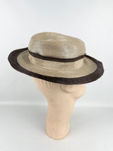 Load image into Gallery viewer, Original 1930s Two-Tone Brown Lacquered Straw Hat with Grosgrain Trim