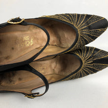 Load image into Gallery viewer, Original 1930s Black Satin Dance Shoes with Gold Trim and Paste Buckle Size 3 3.5