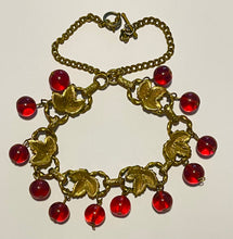 Load image into Gallery viewer, Original 1940's Gold Tone Choker Necklace with Leaves and Cranberry Coloured Glass Droplets - Length 17"