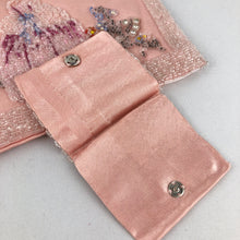 Load image into Gallery viewer, 1930s peach Satin Beaded Clutch with Crinoline Lady Design and Tiny Coin Purse