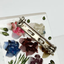 Load image into Gallery viewer, Original 1940s 1950s Reverse Carved Diamond Shaped Lucite Brooch with Cluster of Six Flowers