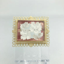 Load image into Gallery viewer, Original French 1950s Reverse Carved Lucite Brooch in a Celluloid Frame with White Flowers *