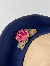 Load image into Gallery viewer, Stunning Original 1930s Blue Felt Bonnet Hat with Floral Trim