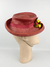Load image into Gallery viewer, Original 1940s Rusty Red Summer Straw Hat with Fruit and Leaves Trim