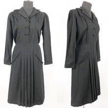Load image into Gallery viewer, 1930s 1940s Black Wool Pleated Dress with Ruffle Trim - Bust 36