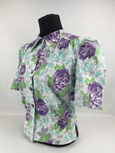 Load image into Gallery viewer, 1940's Reproduction Floral Print Blouse with Large Purple Roses and Grey Buttons Made From an Original 1940's Feed Sack - Bust 34"